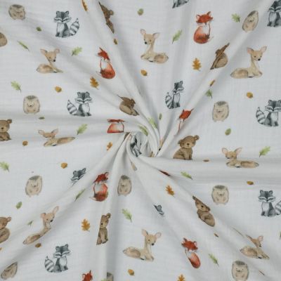 Tissu Double gaze de Coton digital Animaux de la forêt sur fond Blanc - Par 10 cm
