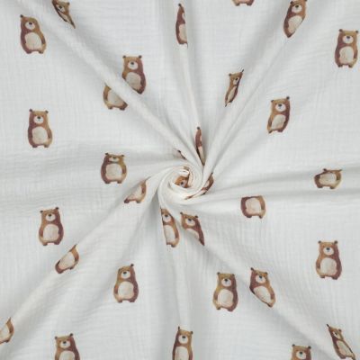 Tissu Double gaze de Coton Bio digital petits Oursons Bruns sur fond Blanc - Par 10 cm