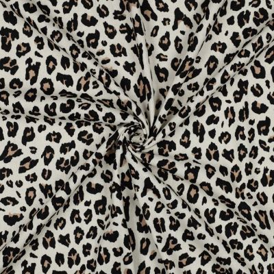 Tissu Viscose Lin imprimé Léopard Noir &amp; Camel sur fond Ecru - Par 10 cm