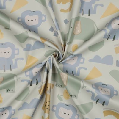 Tissu Softshell imprimé Animaux de la jungle sur fond Vert d&#039;eau - Par 10 cm