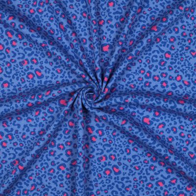 Tissu Jersey Coton côtelé Léopard Bleu nuit &amp; Rose pop sur fond Bleu roi - Par 10 cm