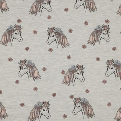 Tissu Sweat léger  Licornes fleurs sur fond Gris chiné - Par 10 cm