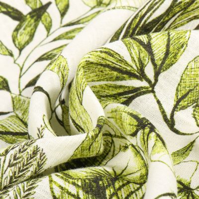 Tissu Viscose Lin Canopée vert sur fond Blanc cassé - Par 10 cm