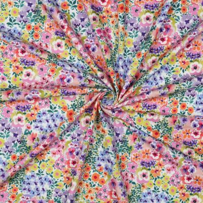 Tissu Jersey Coton imprimé digital Fleurs multicolores pastel sur fond Ecru - Par 10 cm