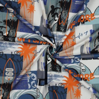 Tissu Jersey Coton imprimé digital Surf sur fond Blanc - Par 10 cm