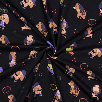 Tissu Jersey Coton imprimé digital Petits Chiens sur fond Noir - Par 10 cm