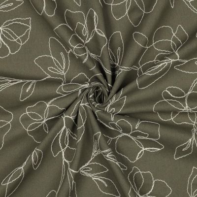 Tissu Lin Viscose Fines fleurs brodées sur fond Vert kaki - Par 10 cm