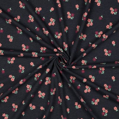 Tissu Jersey Polycoton imprimé Petites Fleurs sur fond Noir - Par 10 cm