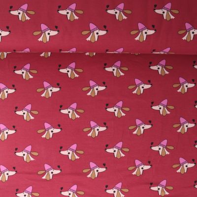 Tissu Sweat léger French Terry Capucine chiens rigolos sur fond Framboise - Par 10 cm