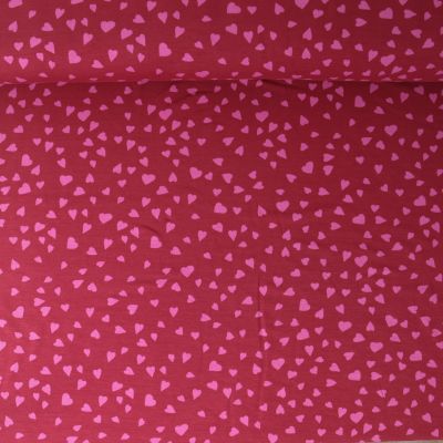 Tissu Sweat léger French Terry Capucine cœurs Roses sur fond Framboise - Par 10 cm