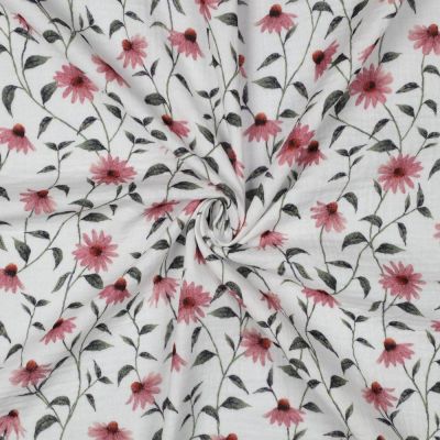 Tissu Double gaze de Coton Bio digital Fleurs Roses sur fond Blanc - Par 10 cm