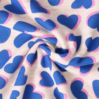 Tissu Sweat  léger envers molletonné Lisa coeurs Bleues sur fond Gris chiné - Par 10 cm