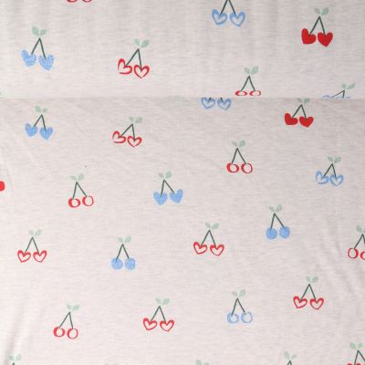Tissu Sweat  léger envers molletonné Margot cerises Bleues pailletées sur fond Blanc chiné - Par 10 cm
