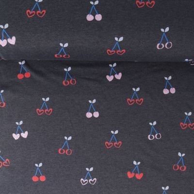 Tissu Sweat  léger envers molletonné Margot cerises Roses pailletées sur fond Noir - Par 10 cm