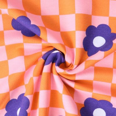 Tissu Sweat léger envers molletonné Jade fleurs Violettes sur fond Rose - Par 10 cm