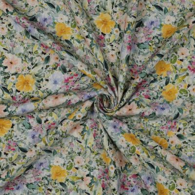 Tissu Crêpe de Viscose Lin digital Prairie Lumineuse sur fond Naturel - Par 10 cm