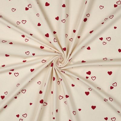 Tissu Jersey Coton imprimé Bio Petits Coeurs Rouges sur fond Ecru - Par 10 cm