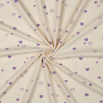 Tissu Jersey Coton imprimé Bio Petits Coeurs Violets sur fond Ecru - Par 10 cm