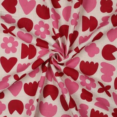 Tissu Double gaze de Coton Bio Love shapes Rose et Rouge sur fond Ecru - Par 10 cm
