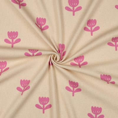 Tissu Jersey Coton côtelé Bio Tulipes Roses sur fond Ecru - Par 10 cm