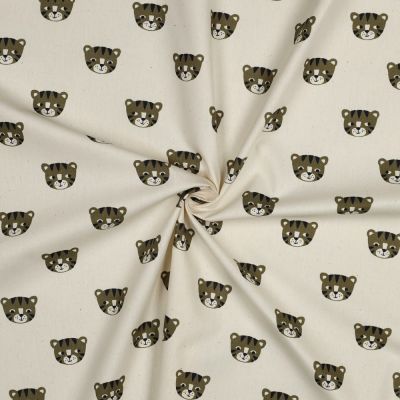 Tissu Popeline de Coton Bio Têtes de Tigres Kaki sur fond Ecru - Par 10 cm