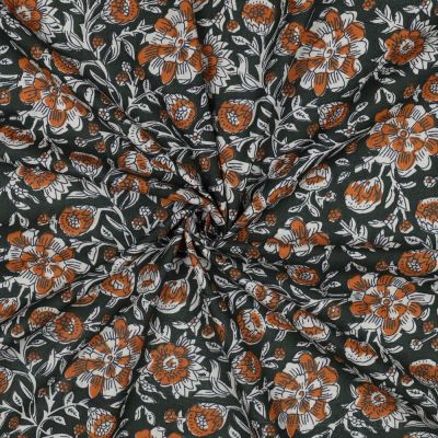 Tissu Coton indien Block print Fleuris Véro sur fond Vert foncé - Par 10 cm