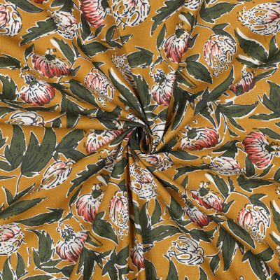 Tissu Coton indien Block print Fleurs Mia sur fond Ocre - Par 10 cm