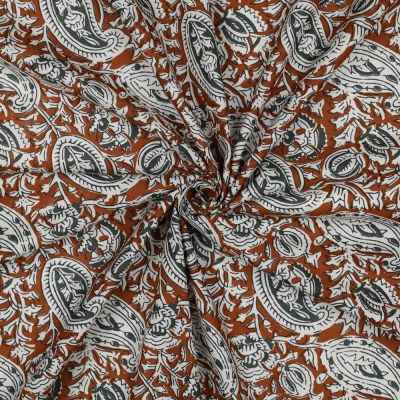 Tissu Coton indien Block print motif Cachemire sur fond Marron - Par 10 cm