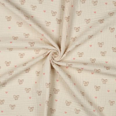 Tissu Double gaze de Coton Bio Noeuds pap sur fond Ecru - Par 10 cm