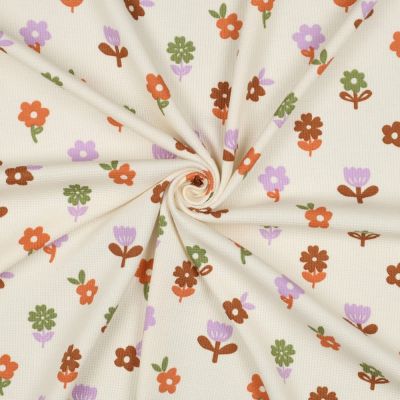 Tissu Jersey Nid d&#039;abeille imprimé Fleurs sur fond Ecru - Par 10 cm