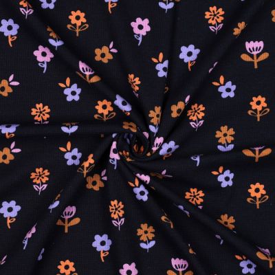 Tissu Jersey Nid d&#039;abeille imprimé Fleuris sur fond Noir - Par 10 cm