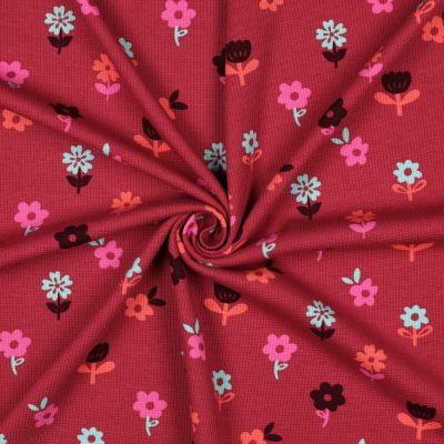 Tissu Jersey Nid d&#039;abeille imprimé Fleurs sur fond Framboise - Par 10 cm