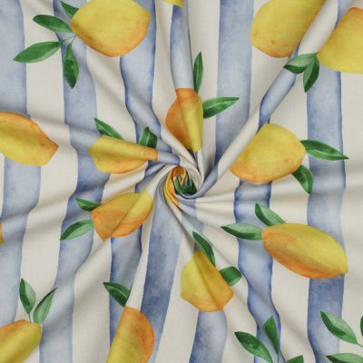 Tissu Toile de Coton Canvas digital Citrons Jaunes et rayures bleues sur fond Blanc - Par 10 cm