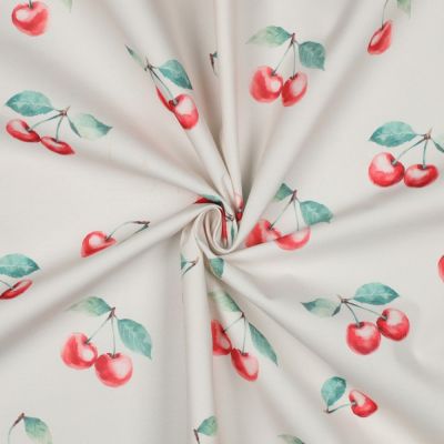Tissu Nappe imperméable digital Cerises sur fond Blanc - Par 10 cm