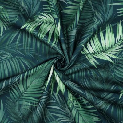 Tissu Nappe imperméable digital Feuilles sur fond Vert foncé - Par 10 cm