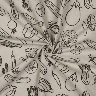Tissu Toile Coton Canvas aspect Lin Légumes du Jardin sur fond Naturel - Par 10 cm