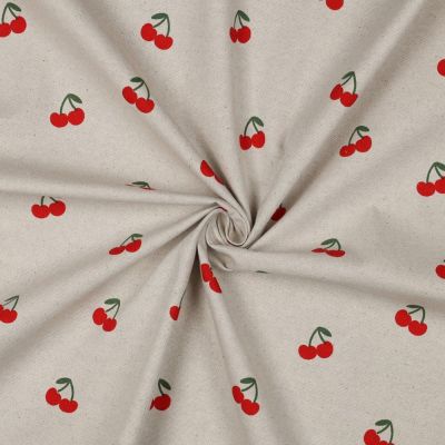 Tissu Toile Coton Canvas aspect Lin Petites Cerises sur fond Naturel - Par 10 cm