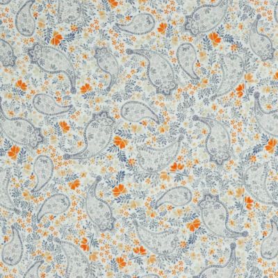 Tissu Double gaze de Coton Paisley fleuris bleu sur fond Blanc cassé - Par 10 cm