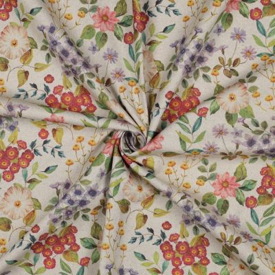 Tissu Toile Coton Canvas aspect Lin Jardin Bohème sur fond Naturel - Par 10 cm