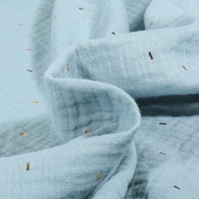 Tissu Double gaze Confettis rectangulaires dorés sur fond Bleu ciel - Par 10 cm