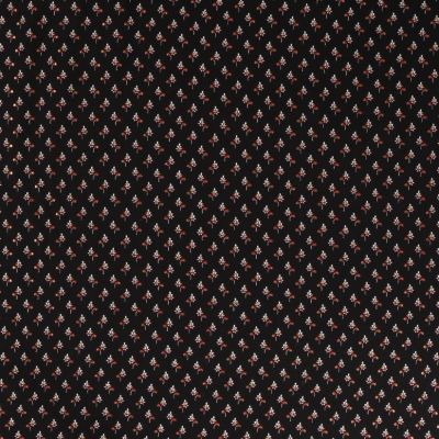 Tissu Viscose  Petites fleurs rouge et doré sur fond Noir - Par 10 cm