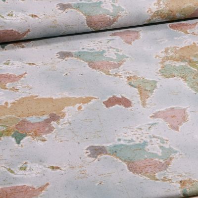 Tissu Toile Coton Carte du monde sur fond Bleu clair - Par 10 cm