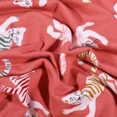 Tissu Jersey Coton Tigres colorés sur fond Vieux rose - Par 10 cm