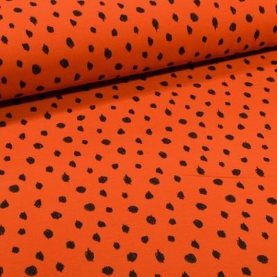 Tissu Sweat léger envers molletonné Bio Pois noirs sur fond Orange - Par 10 cm