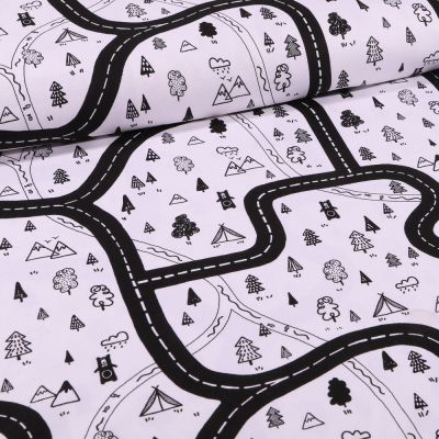 Tissu Toile Coton Circuit voiture sur fond Blanc - Par 10 cm