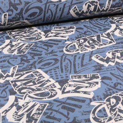 Tissu Sweat envers minky Graf&#039; sur fond Bleu denim - Par 10 cm