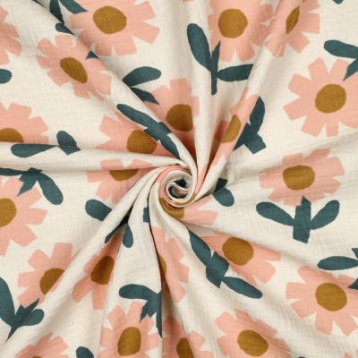 Tissu Double gaze de Coton Bio Jennifer Bouron fleurs Pêche sur fond Ecru - Par 10 cm