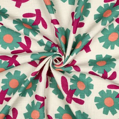 Tissu Double gaze de Coton Bio Jennifer Bouron fleurs Vert sur fond Ecru - Par 10 cm