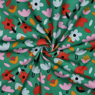Tissu Popeline de Coton Bio Jennifer Bouron fleurs sur fond Vert - Par 10 cm