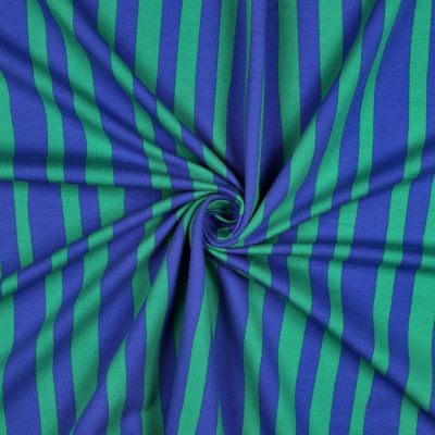 Tissu Sweat léger Bio Jennifer Bouron rayures Vert sur fond Bleu - Par 10 cm